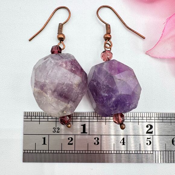 Raw Amethyst Nugget Dangle Earrings Copper Tone Ear Wire Tested 16.95 Grams Big - Picture 6 of 8